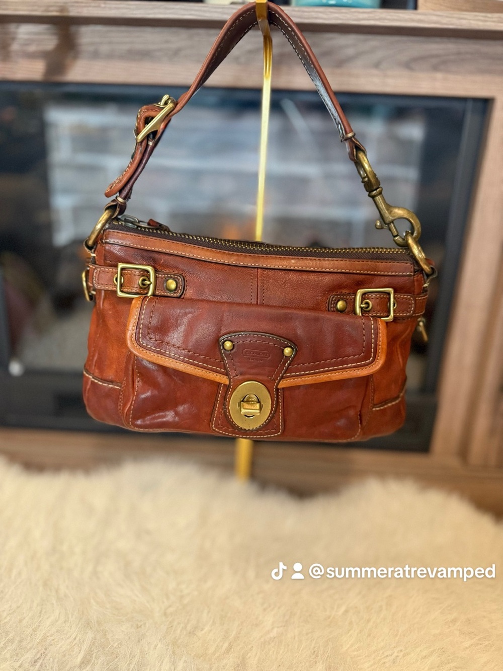 Vintage Legacy Coach Cognac Leather Shoulder Bag with Brass Accents